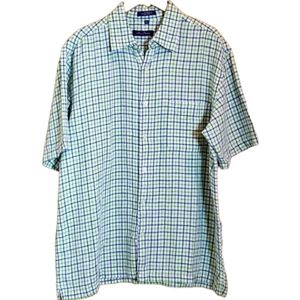 ALAN FLUSSER XL BEAUTIFUL LINEN BLUE & GREEN CHECK SHORTSLEEVE BUTTON DOWN